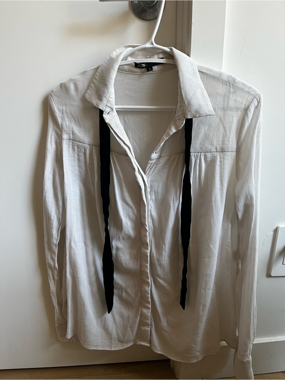 Maje White Button-Down Shirt with Black Tie Accents